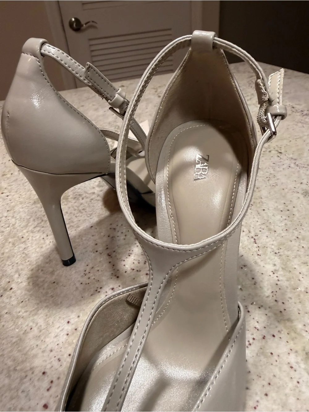Zara Cream T-Strap Pointed Toe Stiletto Heels